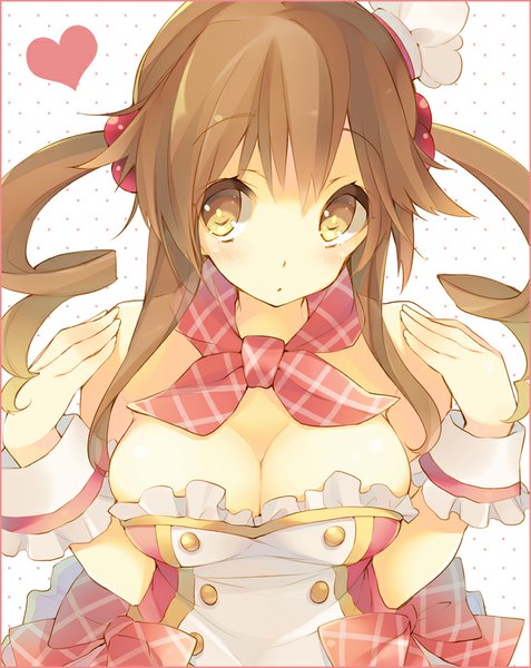 Anime picture 700x880 with idolmaster idolmaster cinderella girls totoki airi enomoto hina single long hair tall image blush fringe breasts light erotic brown hair large breasts twintails yellow eyes cleavage from above drill hair sweet valentine girl