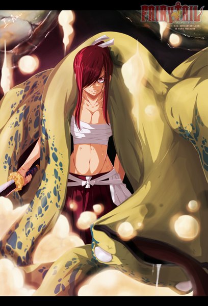 Anime picture 1239x1820 with fairy tail erza scarlet i-azu single long hair tall image fringe light erotic smile red eyes red hair hair over one eye inscription bare belly midriff coloring watermark letterboxed smoke blank eyes