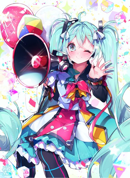 Anime picture 2616x3601 with vocaloid magical mirai (vocaloid) hatsune miku magical mirai miku magical mirai miku (2018) kanola u single tall image looking at viewer blush fringe highres smile twintails ahoge long sleeves very long hair one eye closed aqua eyes aqua hair