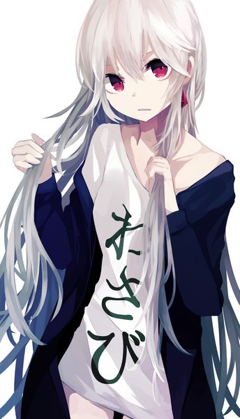 Anime picture 2429x4227 with original roa (ogami ren) ogami ren single long hair tall image looking at viewer fringe highres simple background hair between eyes white background bare shoulders white hair pink eyes holding hair girl earrings