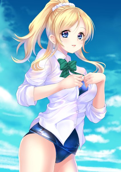 Anime picture 707x1000 with love live! school idol project sunrise (studio) love live! ayase eli ponytail korosuke single long hair tall image looking at viewer blush fringe open mouth blue eyes light erotic blonde hair smile sky cloud (clouds) ponytail :d