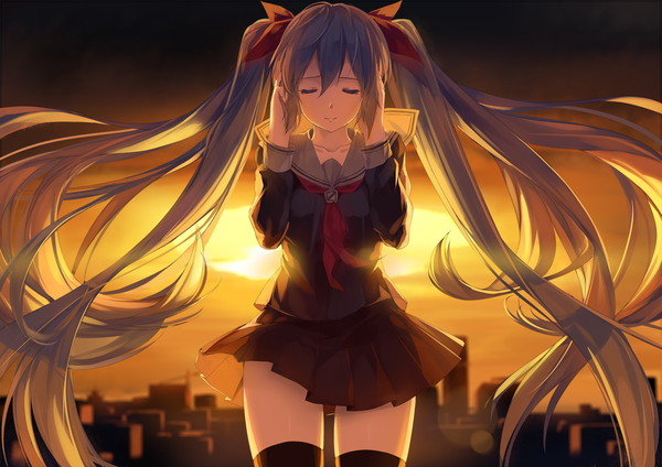 Anime picture 1400x990 with vocaloid glow (vocaloid) hatsune miku caidychen single twintails eyes closed very long hair aqua hair zettai ryouiki city evening sunset cityscape girl thighhighs black thighhighs serafuku