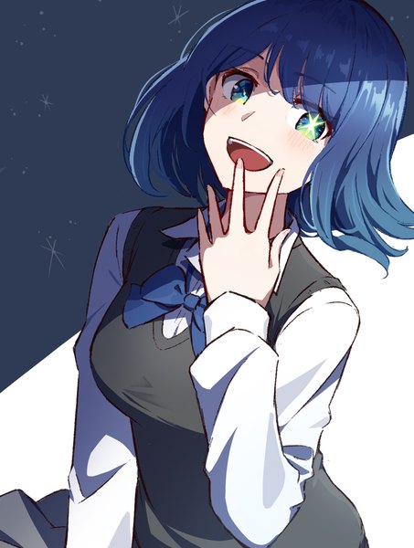 Anime picture 1188x1573 with oshi no ko kurokawa akane hyoe (hachiechi) single tall image looking at viewer blush short hair open mouth green eyes blue hair :d symbol-shaped pupils shaded face hand to mouth girl uniform school uniform vest sweater vest