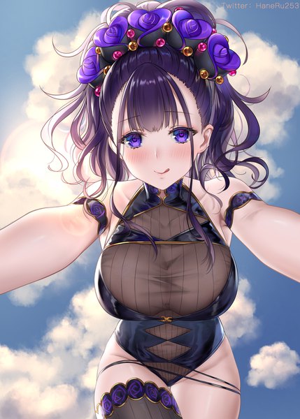Anime picture 1200x1678 with fate (series) fate/grand order murasaki shikibu (fate) murasaki shikibu (swimsuit rider) (fate) haneru single long hair tall image looking at viewer blush fringe breasts light erotic smile large breasts standing purple eyes signed sky purple hair