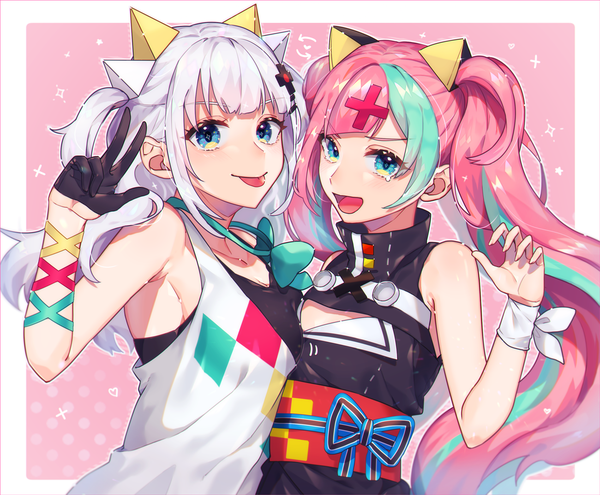 Anime picture 1300x1074 with virtual youtuber the moon studio kaguya luna pinky pop hepburn peta (snc7) long hair looking at viewer open mouth blue eyes twintails multiple girls payot pink hair silver hair :d multicolored hair two-tone hair two side up streaked hair border