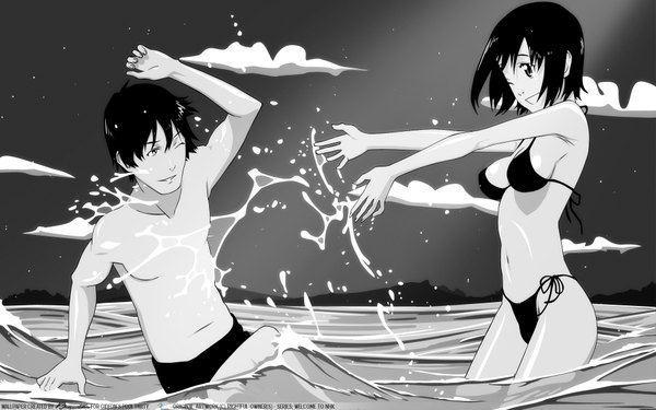 Anime picture 1920x1200 with nhk ni youkoso gonzo nakahara misaki satou tatsuhiro highres light erotic wide image monochrome swimsuit bikini water