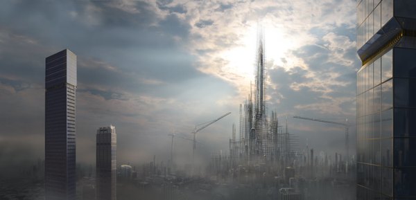 Anime picture 6000x2892 with original samburley (artist) highres wide image absurdres cloud (clouds) sunlight city cityscape fog panorama building (buildings) skyscraper crane