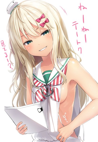Anime picture 800x1161 with kantai collection grecale (kantai collection) meth (emethmeth) single long hair tall image looking at viewer blush fringe breasts blue eyes light erotic simple background blonde hair smile hair between eyes white background bare shoulders holding green eyes