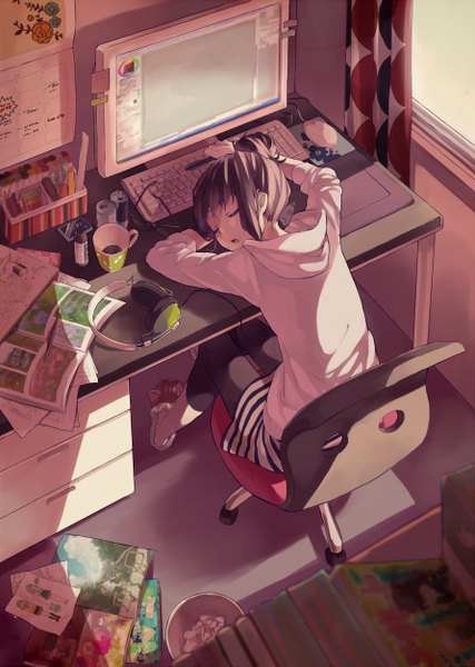 Anime picture 892x1252 with original buuta single tall image short hair open mouth black hair sitting eyes closed sleeping girl glasses headphones mug monitor computer keyboard