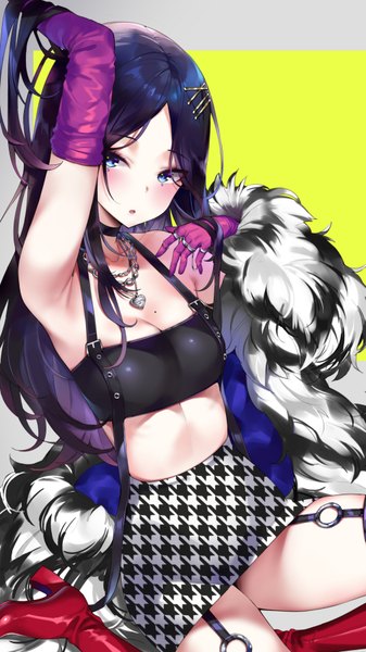 Anime picture 1013x1800 with original hym9594 single long hair tall image looking at viewer blush fringe breasts open mouth blue eyes black hair simple background sitting cleavage arm up mole bare belly :o high heels
