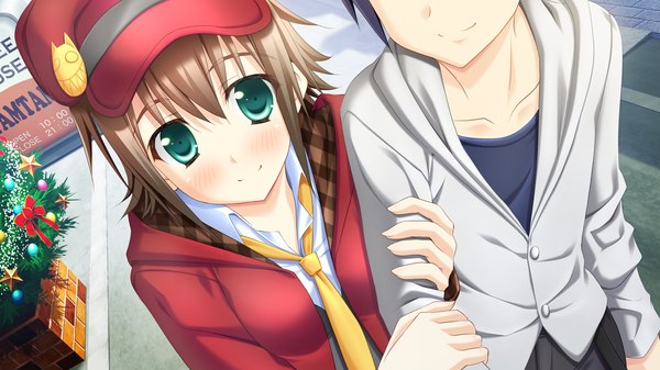 Anime picture 2560x1440 with yaneura no kanojo dp minase (artist) blush highres short hair brown hair wide image green eyes game cg couple girl boy flat cap