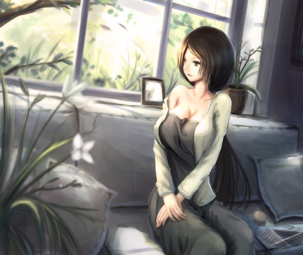 Anime picture 1352x1138 with original kikivi single long hair black hair sitting looking away black eyes girl dress flower (flowers) window pillow couch