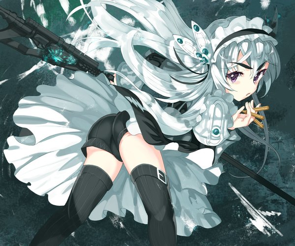 Anime picture 1145x955 with hitsugi no chaika studio bones chaika trabant metallican single long hair looking at viewer blush light erotic purple eyes silver hair ass turning head lolita fashion girl dress hair ornament weapon shorts frills