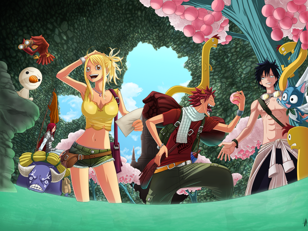 Anime picture 2000x1500 with fairy tail lucy heartfilia erza scarlet natsu dragneel gray fullbuster happy (fairy tail) plue dark-nyghtmare long hair highres open mouth black hair blonde hair red eyes brown eyes sky cloud (clouds) red hair eyes closed black eyes