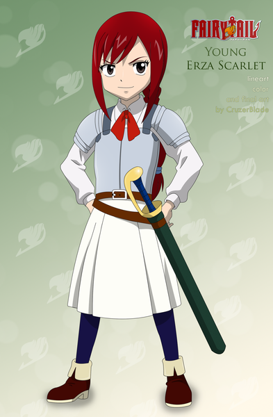 Anime picture 1410x2148 with fairy tail erza scarlet cruzerblade single long hair tall image simple background smile brown eyes red hair inscription coloring hands on hips girl sword