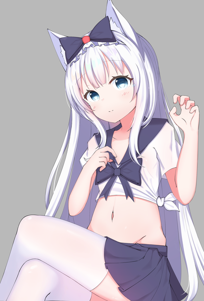 Anime picture 1900x2803 with azur lane hammann (azur lane) starfox1015 single long hair tall image looking at viewer blush fringe highres blue eyes light erotic simple background sitting animal ears payot silver hair blunt bangs pleated skirt light smile