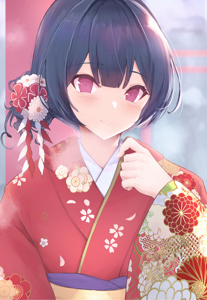 Anime picture 1461x2122 with idolmaster idolmaster shiny colors morino rinze ur9750 single tall image blush short hair black hair purple eyes upper body traditional clothes japanese clothes light smile exhalation new year girl hair ornament kimono obi