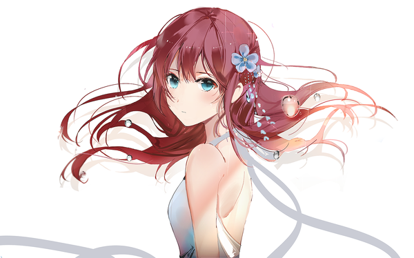 Anime picture 1601x1000 with original naru (ul) single long hair looking at viewer fringe blue eyes simple background brown hair wide image white background upper body hair flower floating hair halterneck girl dress hair ornament flower (flowers) white dress