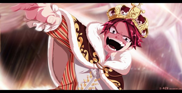 Anime picture 1794x915 with fairy tail natsu dragneel i-azu single looking at viewer highres short hair open mouth wide image pink hair black eyes teeth fang (fangs) coloring letterboxed boy crown