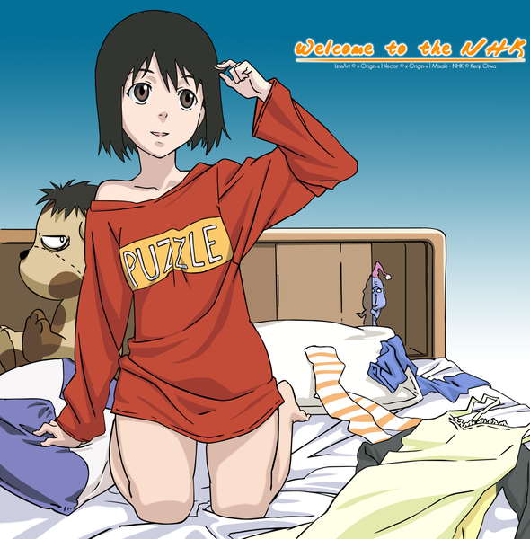 Anime picture 1200x1221 with nhk ni youkoso gonzo nakahara misaki single tall image short hair black hair brown eyes looking away kneeling girl pillow bed toy stuffed animal