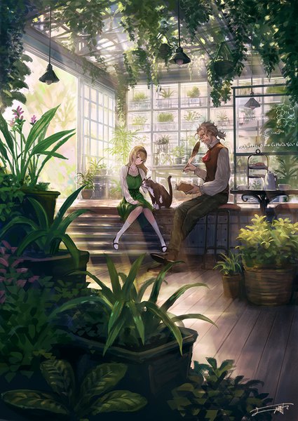 Anime picture 850x1200 with original you shimizu long hair tall image looking at viewer highres blonde hair smile sitting signed ponytail indoors long sleeves head tilt grey hair sunlight sunbeam knees together feet apart girl dress