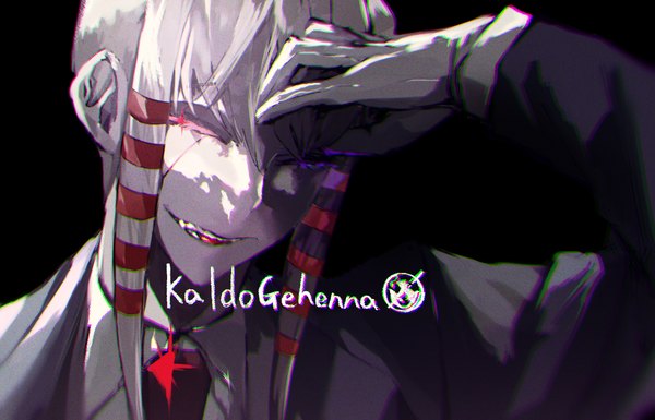Anime picture 1309x840 with mashle a-1 pictures kaldo gehenna yu9999x single fringe short hair simple background smile hair between eyes silver hair upper body eyes closed character names black background shaded face hand on head boy