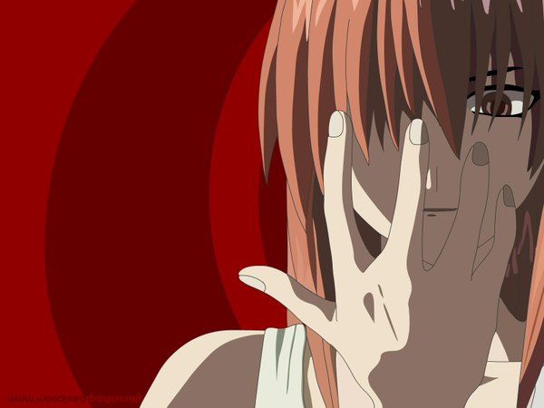 Anime picture 1600x1200 with elfen lied arms corporation lucy single long hair fringe bare shoulders pink hair pink eyes hair over one eye close-up red background serious girl