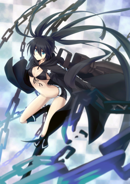 Anime picture 2480x3508 with black rock shooter black rock shooter (character) garuku long hair tall image highres blue eyes black hair twintails absurdres checkered background girl shorts chain cloak bikini top huge weapon