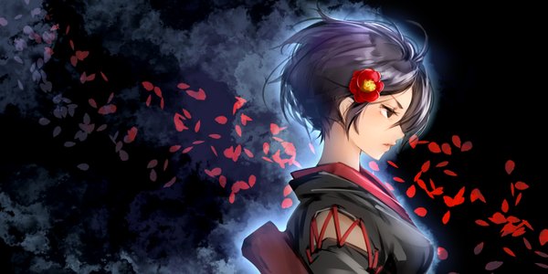 Anime picture 1600x800 with original tagme (artist) single fringe short hair black hair simple background wide image brown eyes looking away traditional clothes profile hair flower wind dark background girl hair ornament flower (flowers) petals