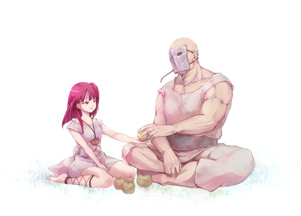 Anime picture 1635x1175 with magi the labyrinth of magic a-1 pictures morgiana goltas shouyu meshi short hair simple background smile white background pink hair pink eyes barefoot one side up muscle bald girl dress boy white dress mask