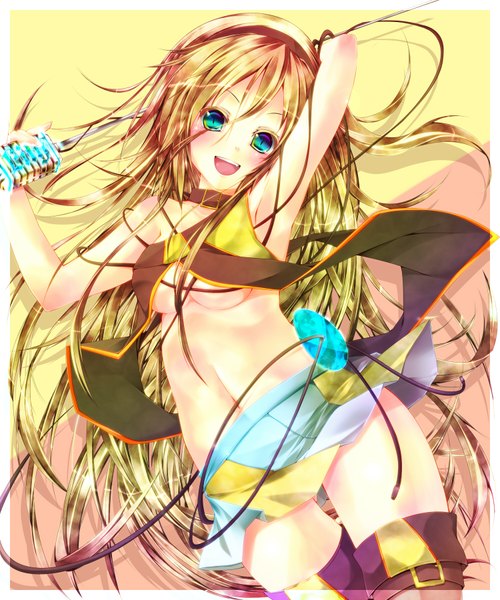 Anime picture 1500x1800 with vocaloid lily (vocaloid) nironiro long hair tall image blush breasts open mouth light erotic blonde hair green eyes girl navel miniskirt collar microphone wire (wires)