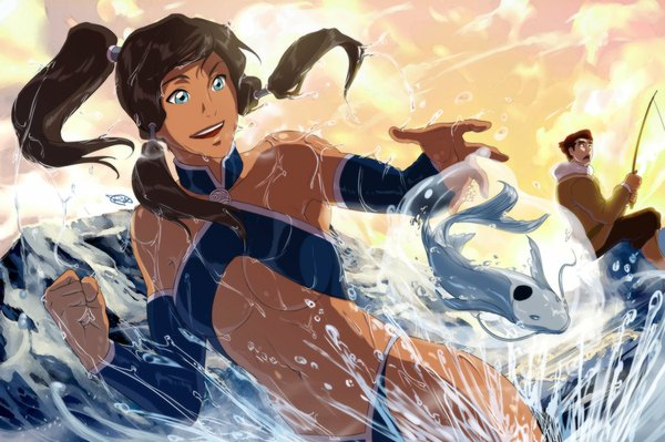 Anime picture 1024x682 with avatar: the legend of korra korra bolin artipelago long hair short hair open mouth blue eyes light erotic smile brown hair twintails sky cloud (clouds) ponytail looking back sunlight coloring magic girl