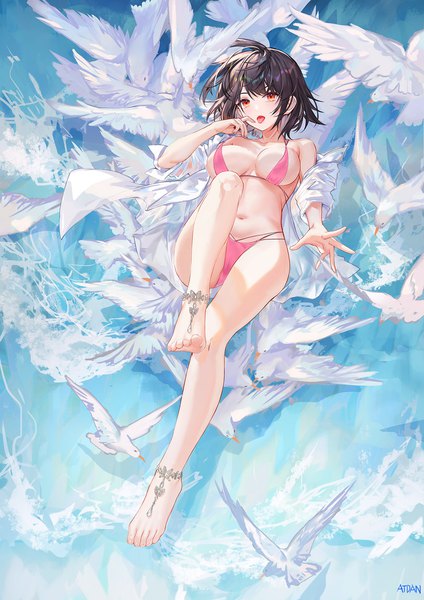 Anime picture 1344x1900 with original atdan single tall image looking at viewer fringe short hair breasts open mouth light erotic black hair red eyes large breasts signed full body bent knee (knees) parted lips barefoot off shoulder open clothes