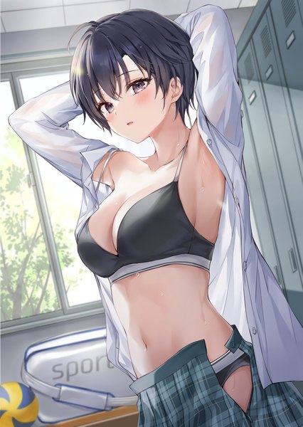 Anime picture 923x1300 with original higeneko single tall image looking at viewer blush fringe short hair breasts open mouth light erotic black hair hair between eyes large breasts brown eyes cleavage indoors pleated skirt open clothes arms up