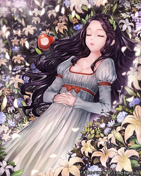 Anime picture 640x800 with snow white and the seven dwarfs snow white meto31 single long hair tall image breasts cleavage purple hair lying braid (braids) eyes closed long sleeves from above lips puffy sleeves sleeping girl dress flower (flowers)