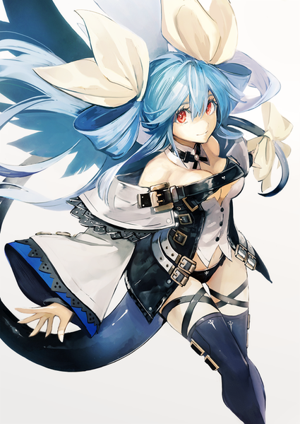 Anime picture 637x900 with guilty gear guilty gear xrd dizzy (guilty gear) banpai akira single long hair tall image looking at viewer fringe breasts light erotic simple background smile hair between eyes red eyes white background twintails bare shoulders blue hair cleavage