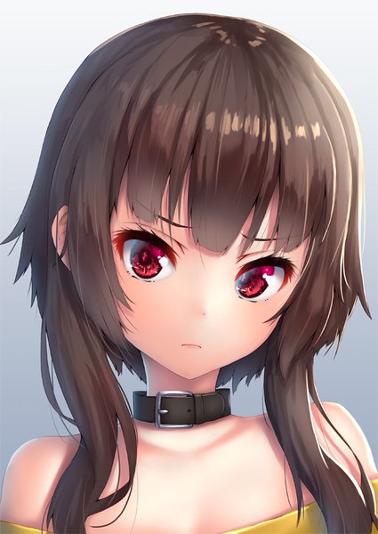 Anime picture 567x800 with kono subarashii sekai ni shukufuku wo! studio deen megumin pensuke single tall image looking at viewer fringe short hair simple background red eyes brown hair bare shoulders payot upper body blunt bangs gradient background no hat girl collar