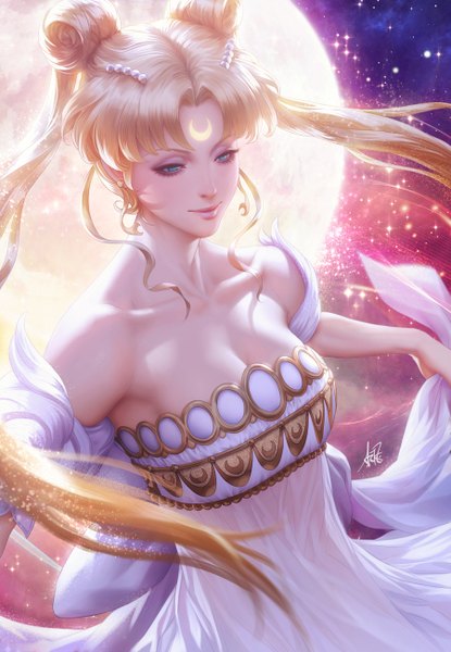 Anime picture 900x1300 with bishoujo senshi sailor moon toei animation tsukino usagi princess serenity artgerm (stanley lau) single long hair tall image fringe breasts blonde hair twintails bare shoulders signed looking away cleavage aqua eyes light smile lips realistic