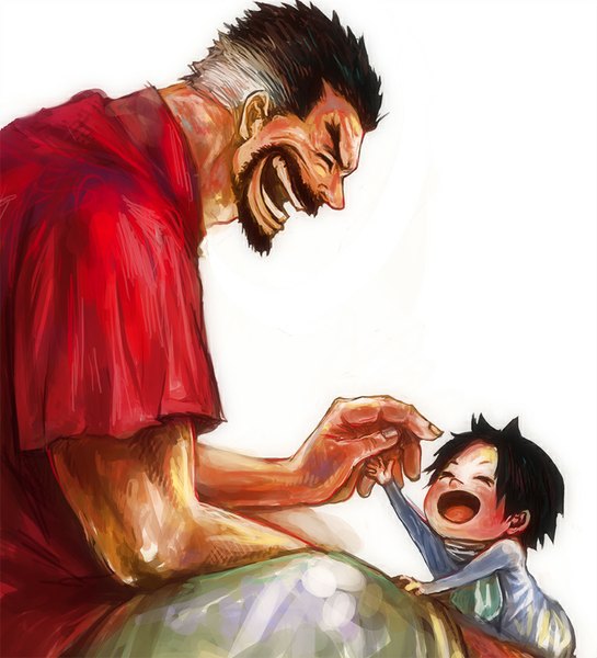 Anime picture 766x843 with one piece toei animation portgas d. ace monkey d garp tsuyomaru tall image blush short hair open mouth black hair simple background smile white background eyes closed profile alternate age younger laughing boy child (children)