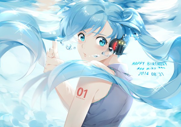 Anime picture 1000x705 with vocaloid hatsune miku satsuma single long hair looking at viewer blush blue eyes twintails blue hair underwater girl headphones bubble (bubbles)