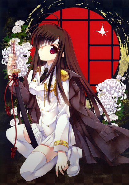 Anime picture 3220x4601 with original eshi 100-nin ten ariko youichi single long hair tall image highres black hair red eyes absurdres ahoge bandage over one eye girl thighhighs uniform flower (flowers) weapon white thighhighs sword jacket