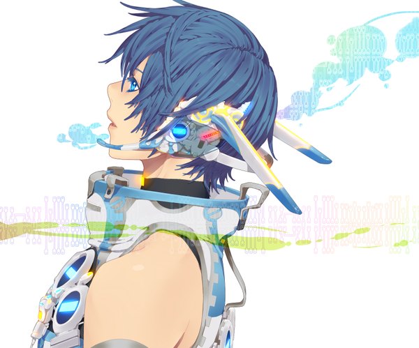 Anime picture 1700x1416 with vocaloid kaito (vocaloid) nayu single highres short hair blue eyes simple background bare shoulders blue hair boy headphones microphone