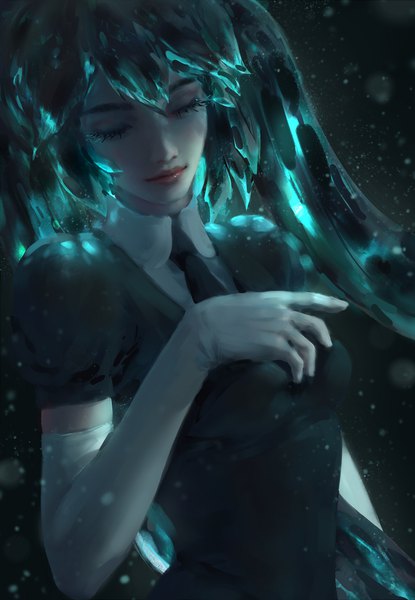 Anime picture 4154x6000 with houseki no kuni vocaloid hatsune miku nixeu single long hair tall image fringe highres simple background hair between eyes twintails absurdres upper body eyes closed realistic aqua hair short sleeves black background girl