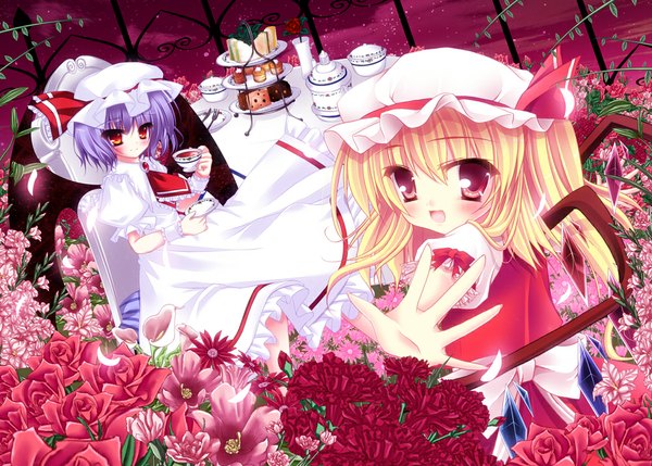 Anime picture 1000x715 with touhou flandre scarlet remilia scarlet kirihara natsuki blush short hair open mouth blonde hair red eyes multiple girls purple hair girl dress flower (flowers) 2 girls wings food sweets bonnet cup