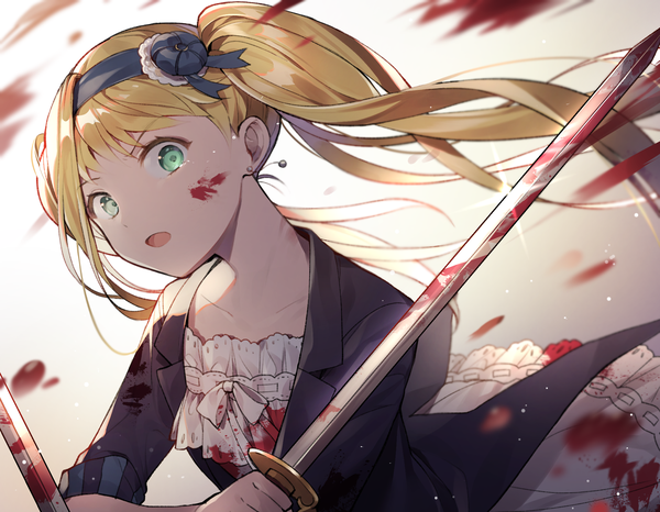 Anime picture 2104x1635 with kuroshitsuji a-1 pictures elizabeth middleford azit (down) single long hair looking at viewer fringe highres open mouth simple background blonde hair twintails holding green eyes upper body open jacket tears floating hair blood on face