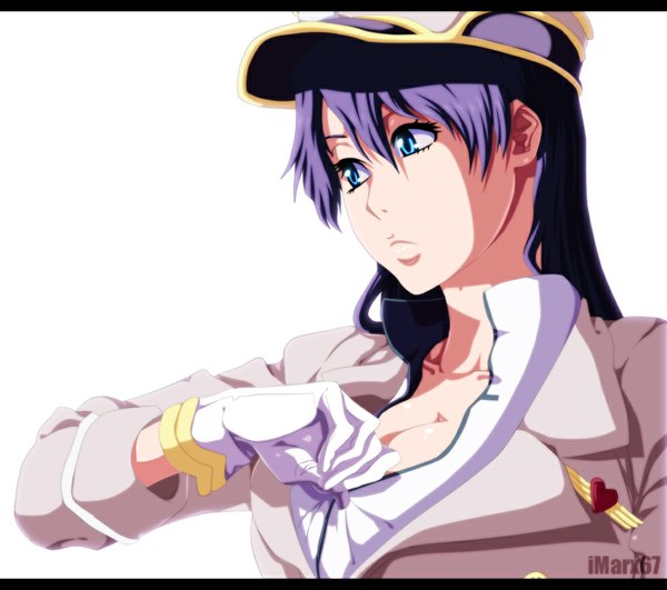 Anime picture 1000x886 with bleach bleach: sennen kessen-hen studio pierrot bambietta basterbine eroishi single long hair blue eyes simple background white background purple hair coloring girl gloves flat cap