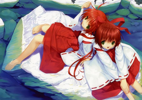 Anime picture 3490x2460 with ueda ryou looking at viewer fringe highres short hair open mouth sitting multiple girls green eyes bent knee (knees) red hair traditional clothes :d japanese clothes barefoot arm up from above arm support bare legs back to back