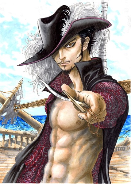 Anime picture 2951x4145 with one piece toei animation dracule mihawk marlboro (artist) single tall image looking at viewer highres short hair black hair yellow eyes sky boy weapon hat sword sea feather (feathers) beard watercraft