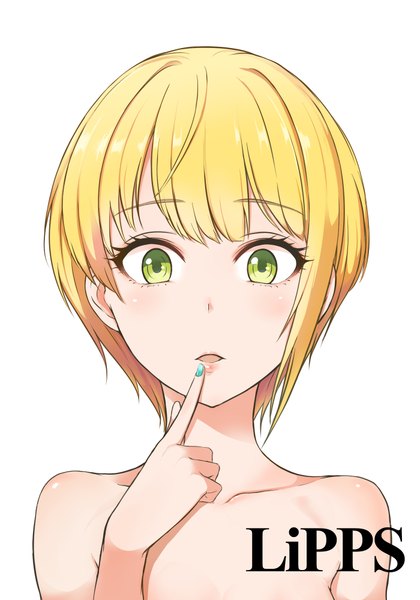 Anime picture 1400x2000 with idolmaster idolmaster cinderella girls miyamoto frederica leewh1515 single tall image looking at viewer blush fringe short hair open mouth light erotic simple background blonde hair white background green eyes upper body nail polish lips text