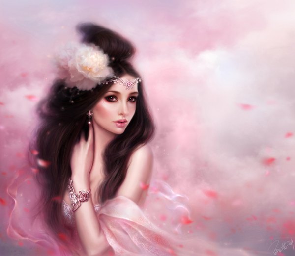 Anime picture 1600x1392 with original ruoxing zhang (artist) single long hair black hair red eyes brown hair bare shoulders brown eyes signed cloud (clouds) hair flower realistic lipstick pink background girl dress hair ornament earrings petals